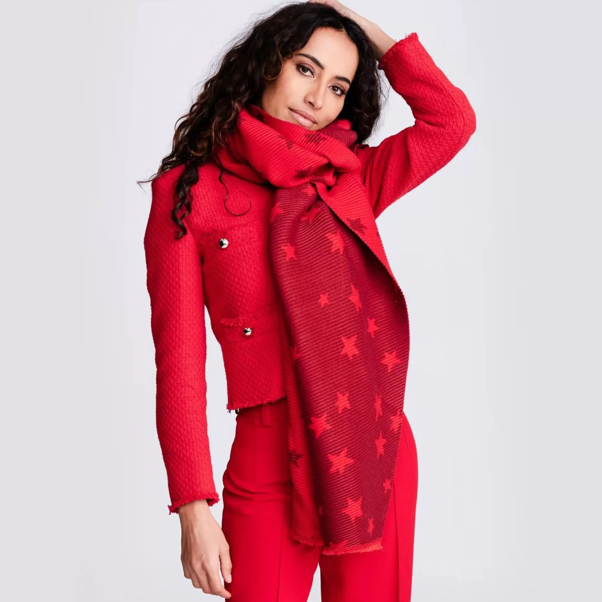 Hats, Scarves, Gloves>Meadows and Byrne Zia Star Print Crinkle Reversible Scarf Red